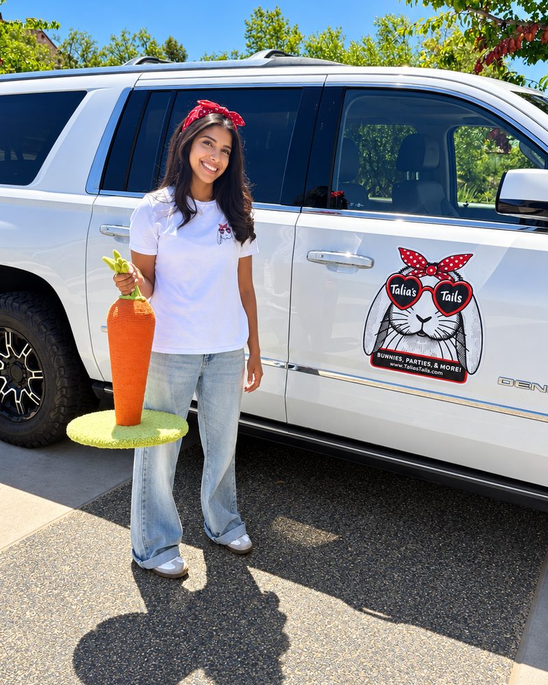 Talia with the Talia's Tails bunny party truck