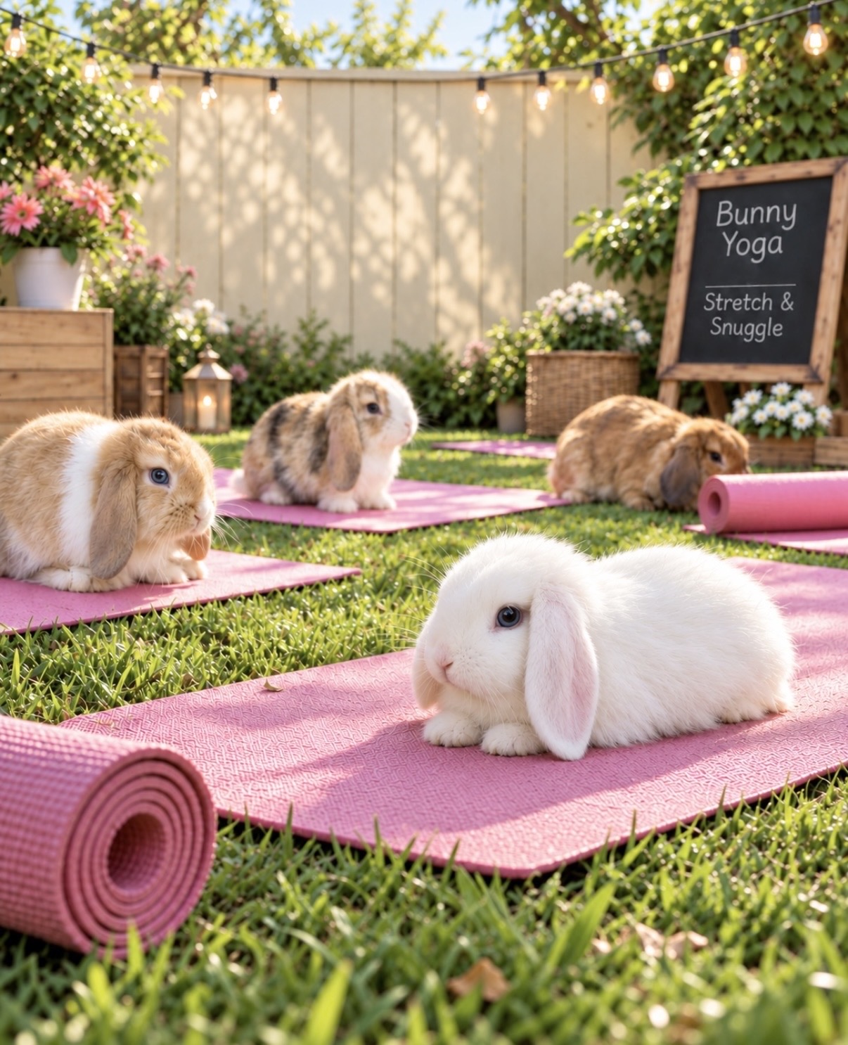 Bunnies relaxing on pink yoga mats